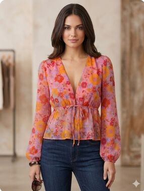 Wild Fable Women's Hot Coral Floral Print Front Tie Opaque Blouse Medium